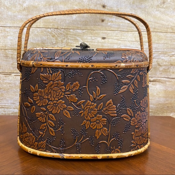 Handbags - Wood purse box bag tooled floral Asian inspired small